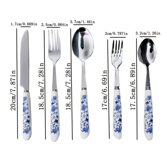 5/25pcs And Ceramic-Handle Stainless Steel Tableware | Includes Dinner, Fork, Spoon, And Dessert Spoon, Ideal For Home, Kitchen, And Restaurant Use
