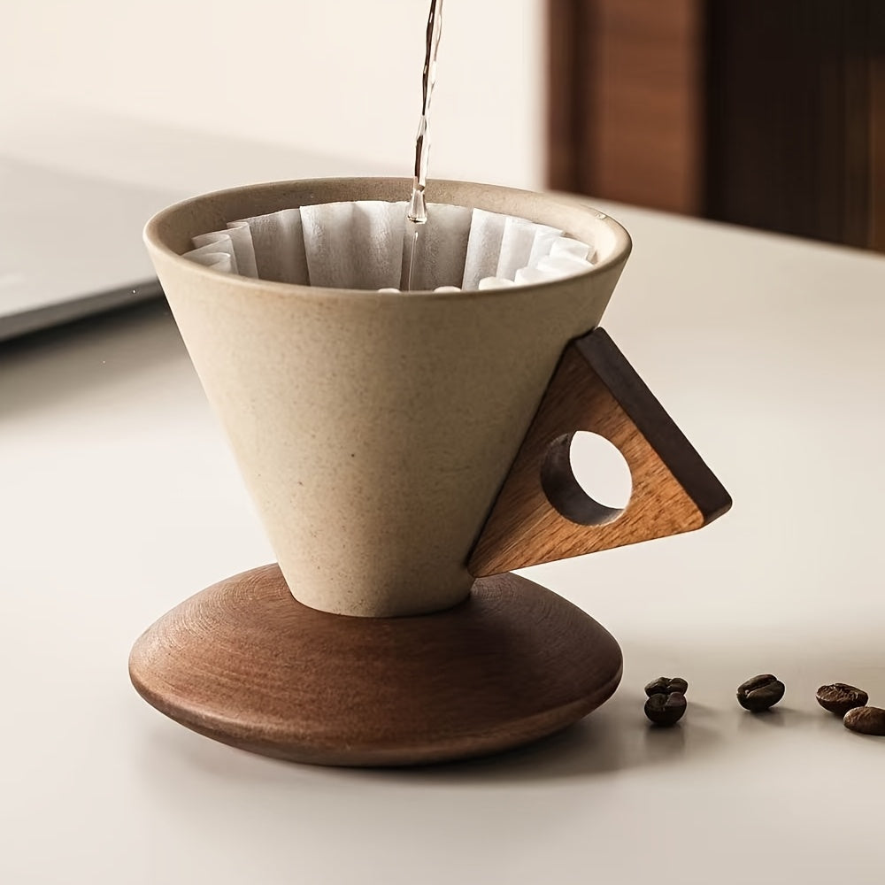 1pc Handmade Heavy-Duty Ceramic Coffee Mug with Large Spout & Funnel Design, Real Wood Handle & Coaster - 8.45oz Thick Cup for home, Office, Cafe Use - Ideal Gift for Coffee & Tea Lovers, Durable Ceramic Ware (Hand Wash Only)