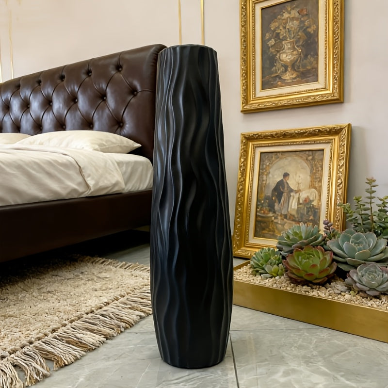 Large Durable Plastic Floor/cabinet Vase, 22.83inch High: Features a European Minimalist Modern Geometric Textured Cylinder Design, Available in White, Black, and Gray. Suitable for Hydroponic and Dried Flower Arrangements, L