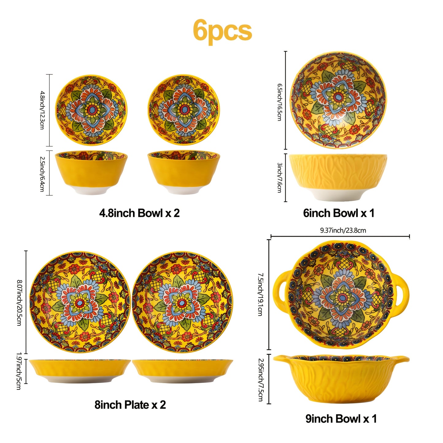Bohemian Yellow Ceramic Dinnerware Set (6 / 8 Pieces) – Microwave, Oven & Dishwasher Safe