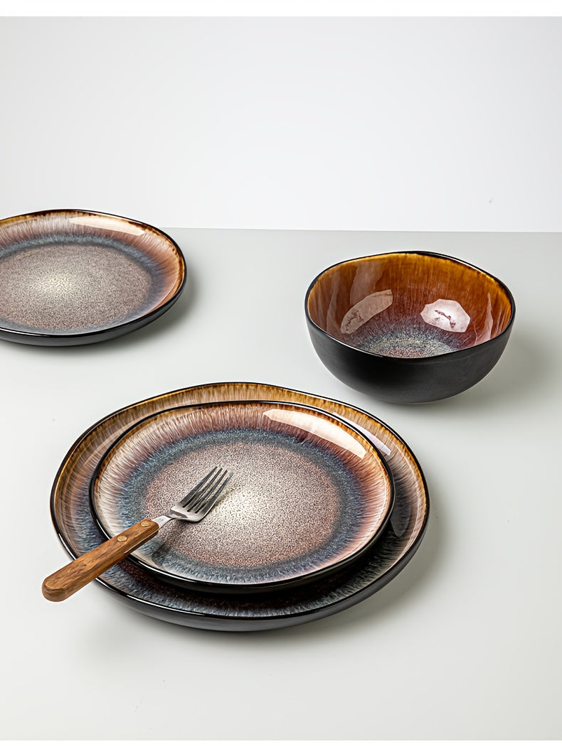 Brown Flame Glaze Ceramic Dinnerware Set (12-Piece) – Modern Plates & Bowls for 4