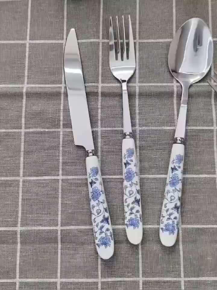 5/25pcs And Ceramic-Handle Stainless Steel Tableware | Includes Dinner, Fork, Spoon, And Dessert Spoon, Ideal For Home, Kitchen, And Restaurant Use