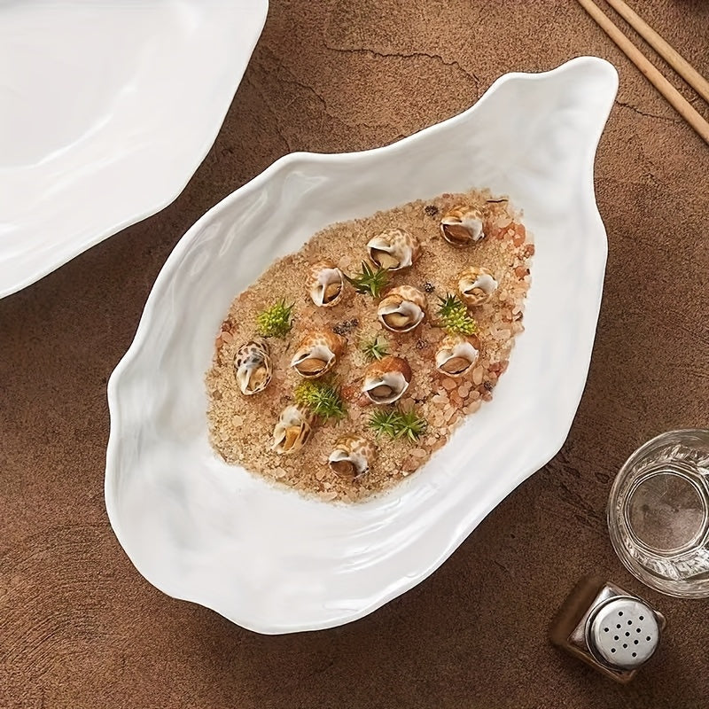 White Shell-Shaped Ceramic Serving Plate Set (2-Piece) – Oyster Design, Microwave Safe