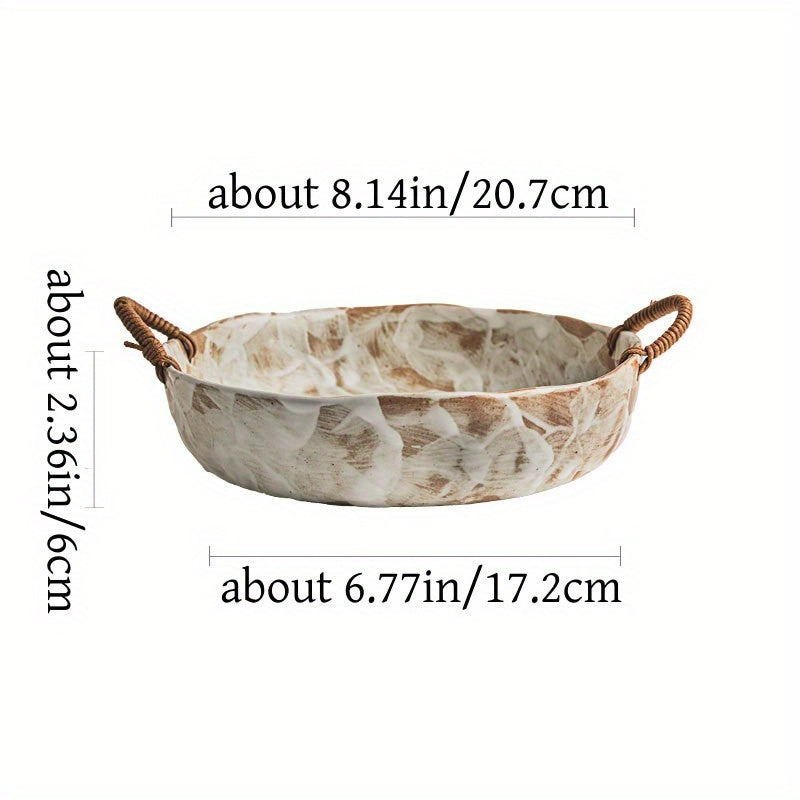 Handmade Rustic Pottery Bowl with Handles – Retro Deep Plate & Serving Bowl
