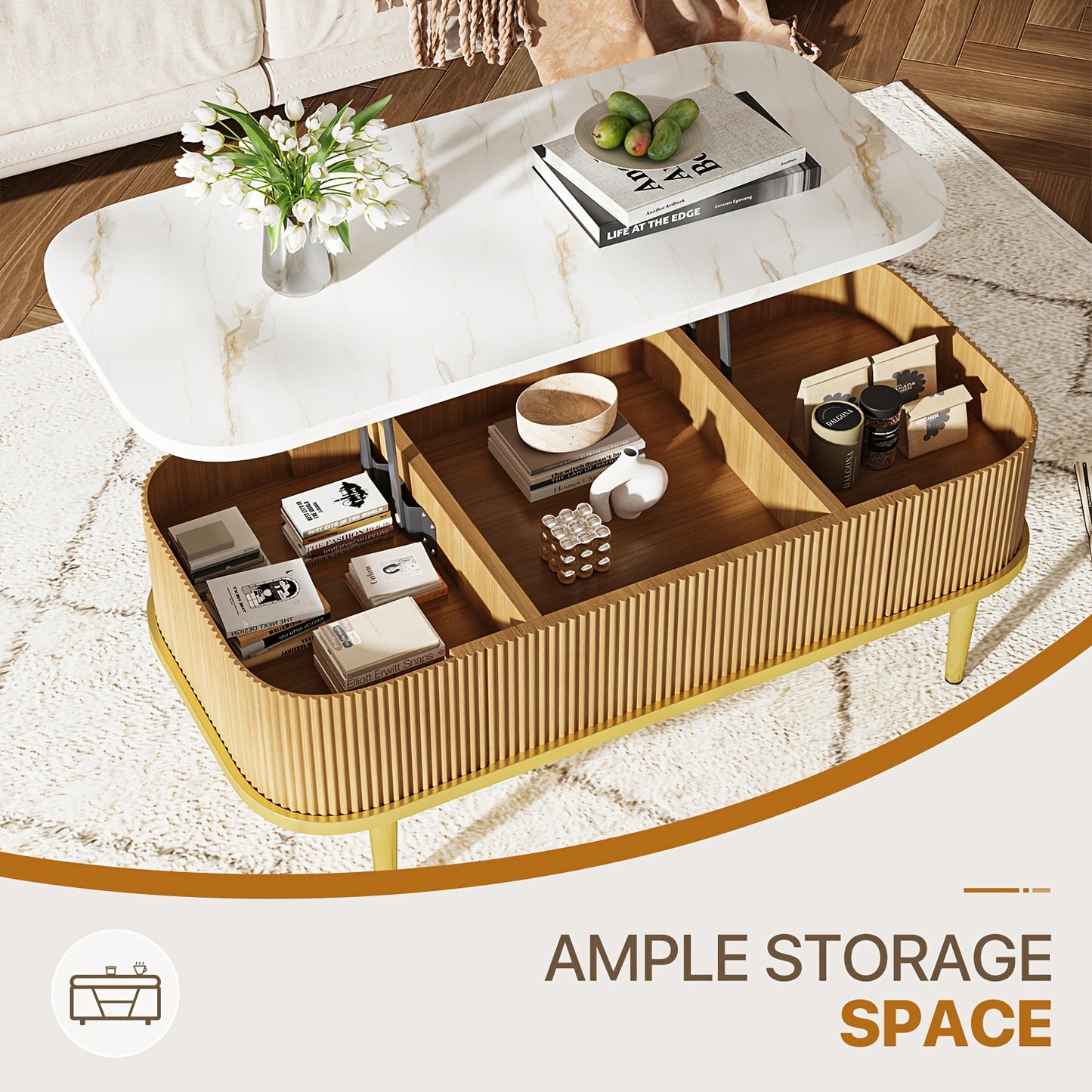 Lift-Top Coffee Table – Modern Oval Center Table with Storage (Walnut & Black)