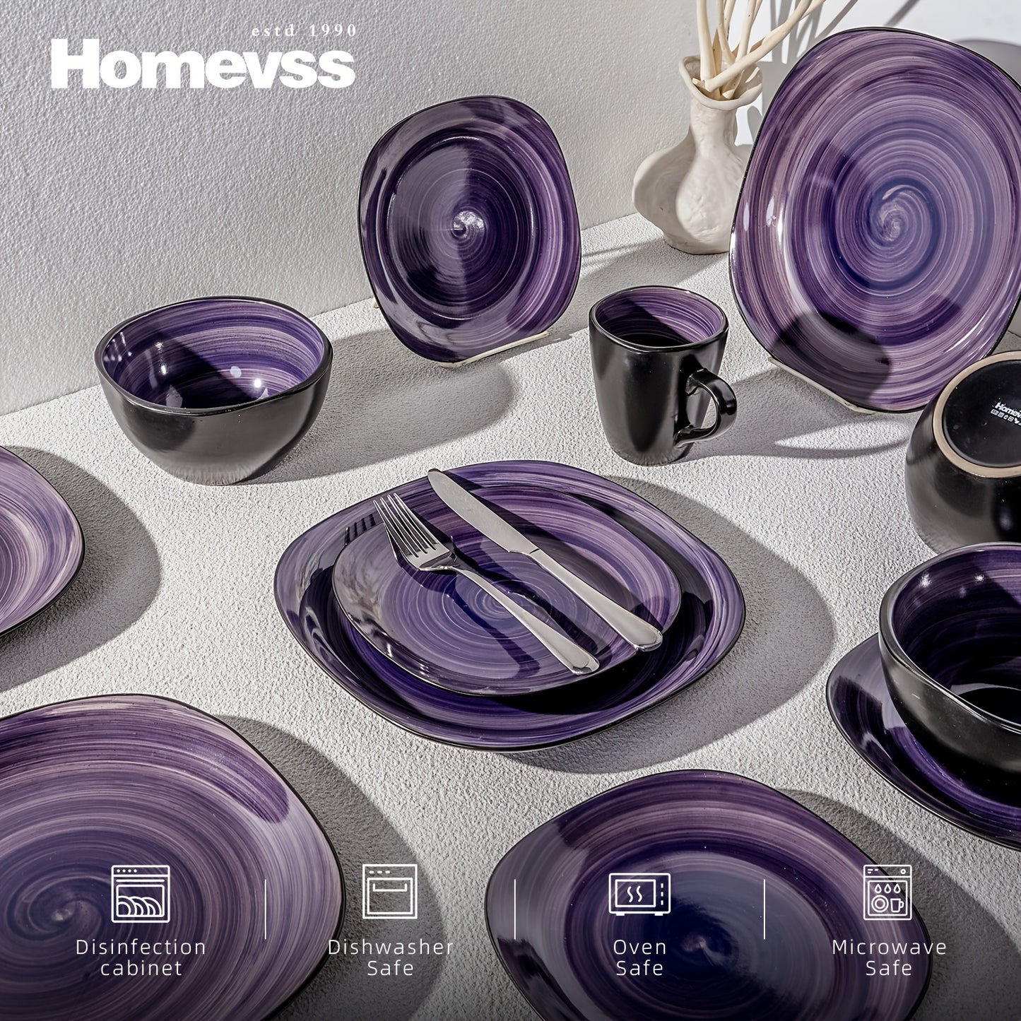 Hand-Brushed Square Stoneware Dinnerware Set (16-Piece) – Black Trim Plates & Bowls for 4