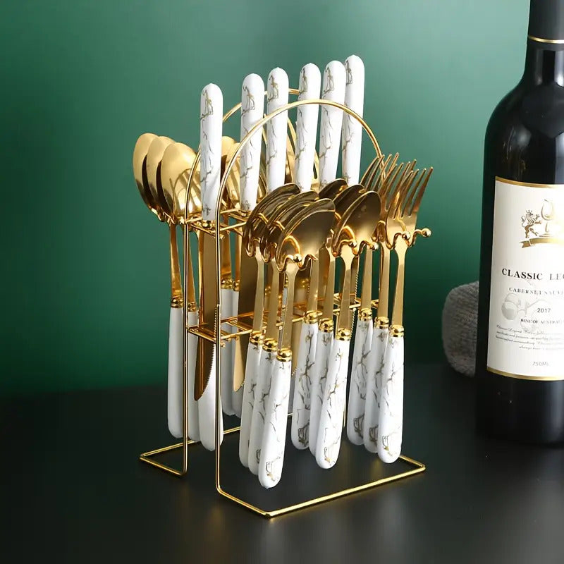 [Ideal Gift] 24pcs Stainless Steel Flatware Set with Steak Knife Holder - Elegant Modern Nordic Dark Green - Heavy Duty 304 Stainless Steel, Durable and Smooth Surface, Ideal Gift Box for Home and Hotel Dining - Complete Cutl