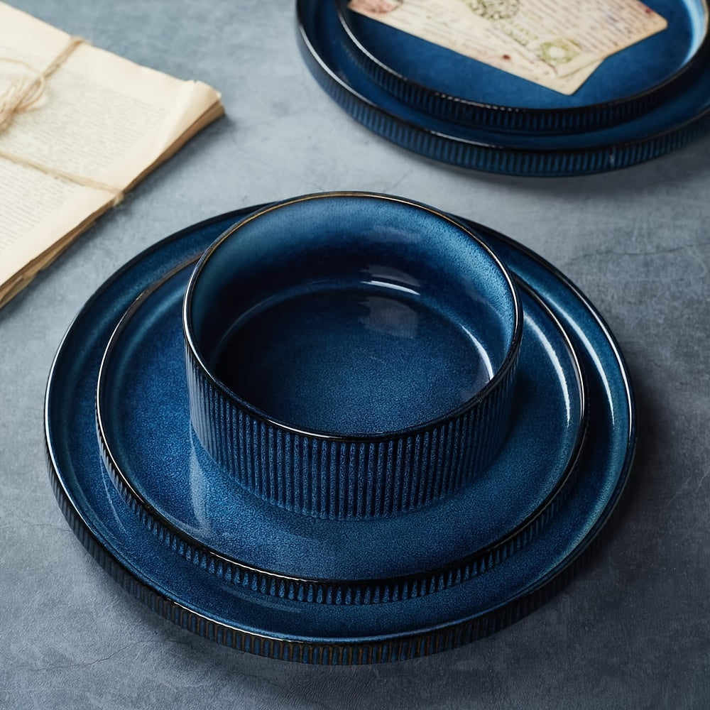 Ribbed Stoneware Dinnerware Set (12-Piece) – Plates & Bowls for 4, Microwave Safe