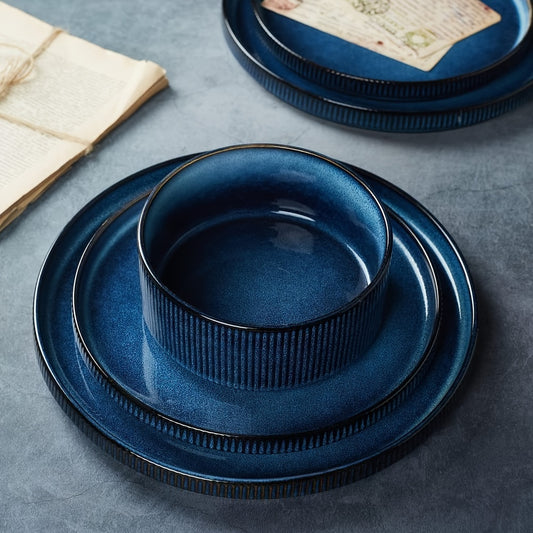 Ribbed Stoneware Dinnerware Set (12-Piece) – Plates & Bowls for 4, Microwave Safe