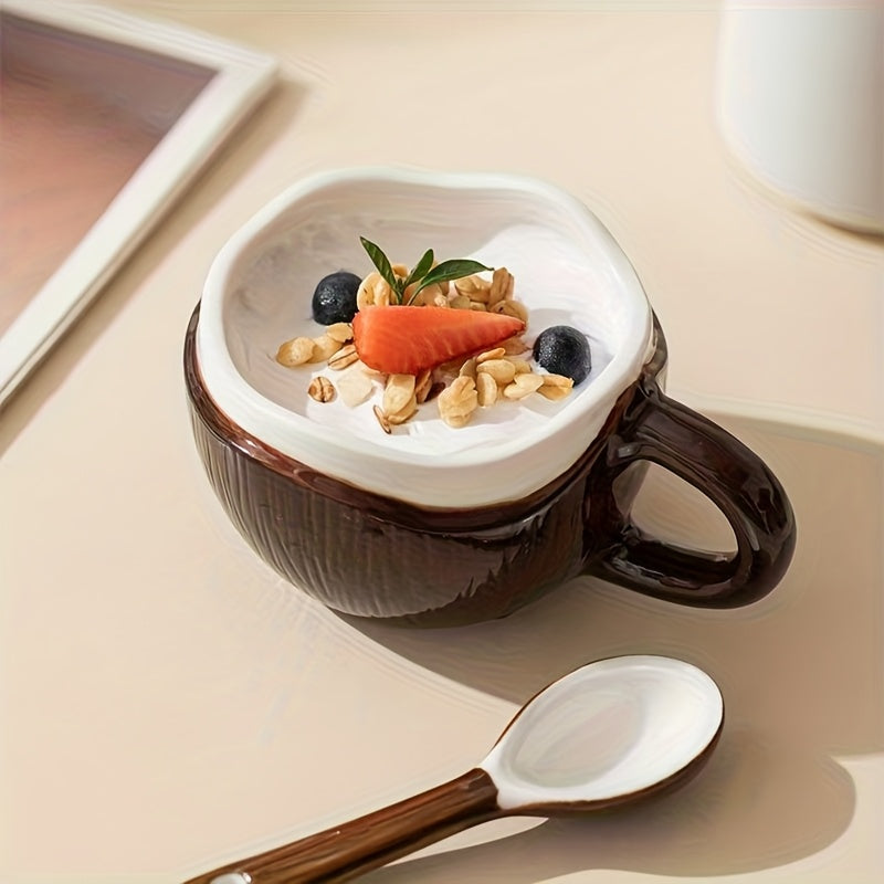 A Ceramic Coffee Mug Designed Like a Coconut Shell, Complete with a Spoon. This Novelty Tropical Mug Is Perfect for Afternoon Tea, Yogurt, And Fruit. It Is Safe for Both The Dishwasher And Microwave