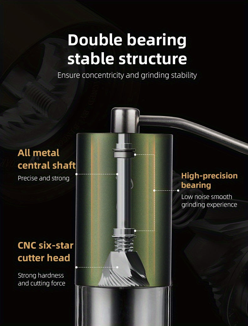 Bincoo Phantom Series Manual Coffee Grinder Featuring 6 Star Steel Burrs, a Portable Hand Crank Mill with Adjustable Grind Settings Suitable for Espresso, Pour Over, French Press, And Drip Coffee, Ideal for Home, Travel, Camp