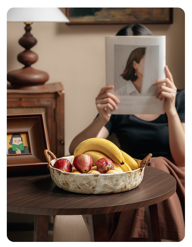 Handmade Rustic Pottery Bowl with Handles – Retro Deep Plate & Serving Bowl