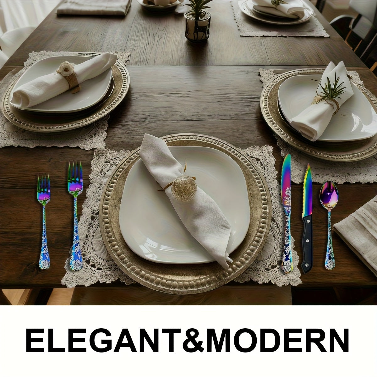 24pcs Stainless Steel Silverware, 4-Person 6pcs Laser-Etched Flatware Set, Flat Cutlery Set, Knife Fork Spoon Chopsticks Set, Suitable for Home, Hotel, Gatherings, Camping, Gifts - Vibrant Colors/Black