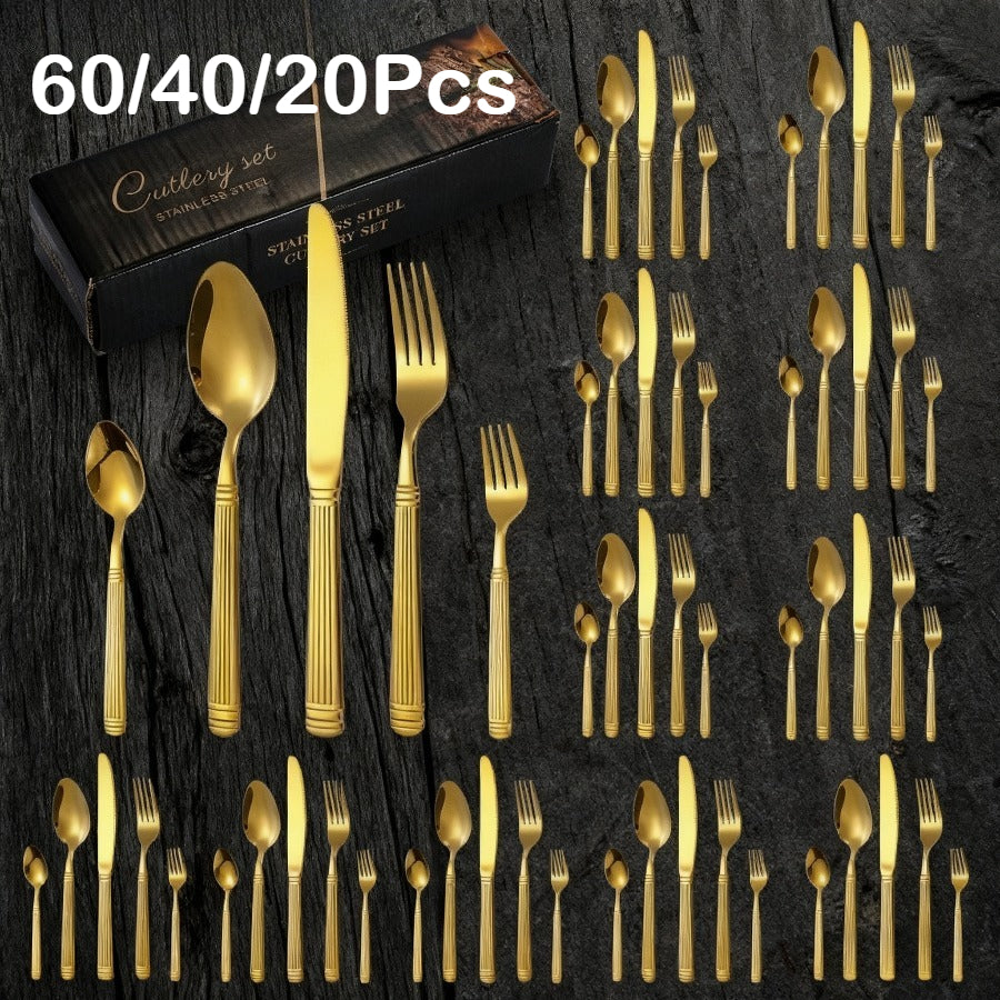 60/40/20pcs, Luxurious Striped Roman Column Stainless Steel Knife, Fork and Spoon Set, Kitchen Stainless Steel Tableware Set, Mirror-polished Finish, Suitable for Use in Households, Restaurants, Hotels and Parties, Can Be Was