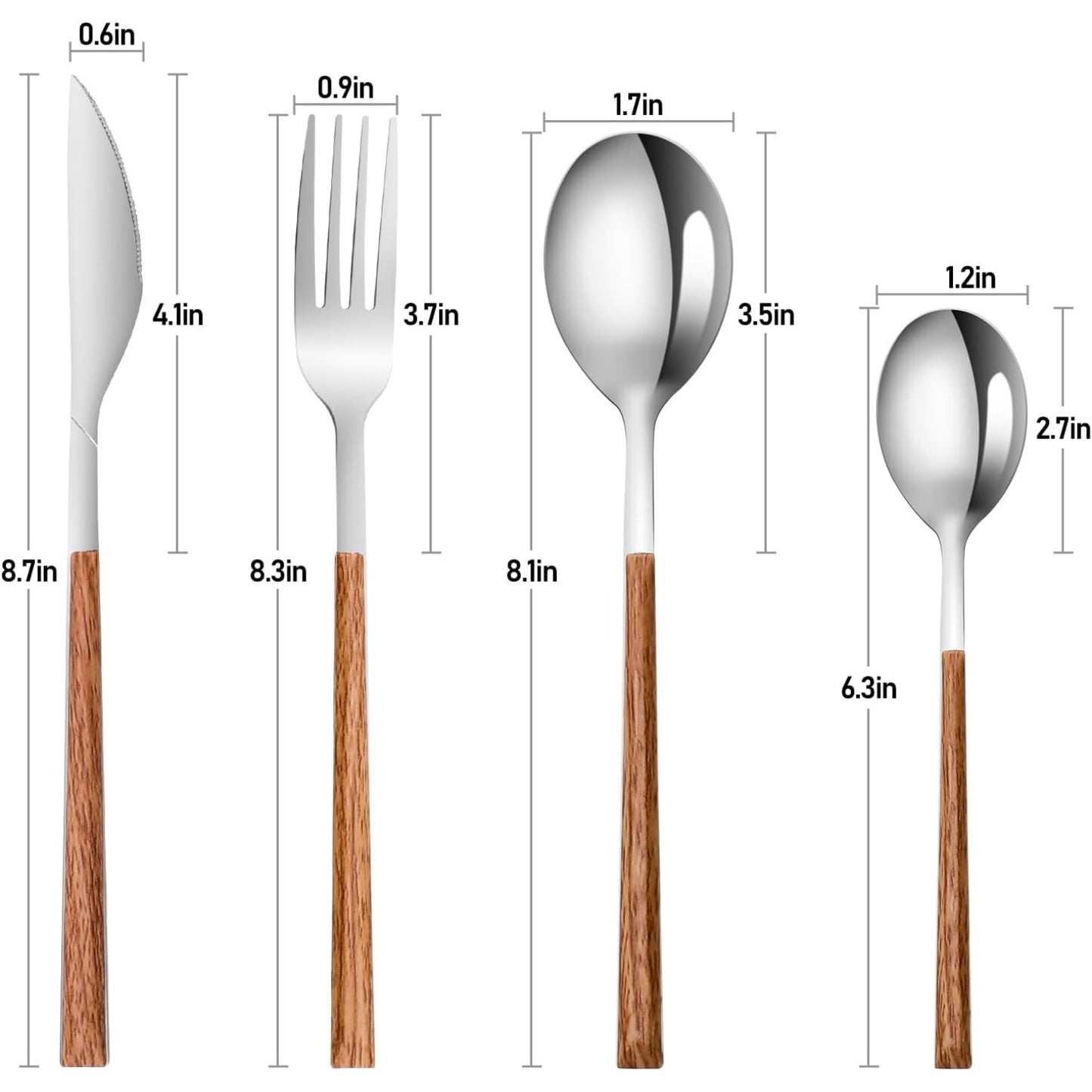Stainless Steel Flatware Set for 4, Mirror Polished and Dishwasher Safe, Cutlery Utensils Set with Simulated Wooden Handle Include Knives Forks Spoons Service for 4(Silvery), Cutlery Sets for Dining