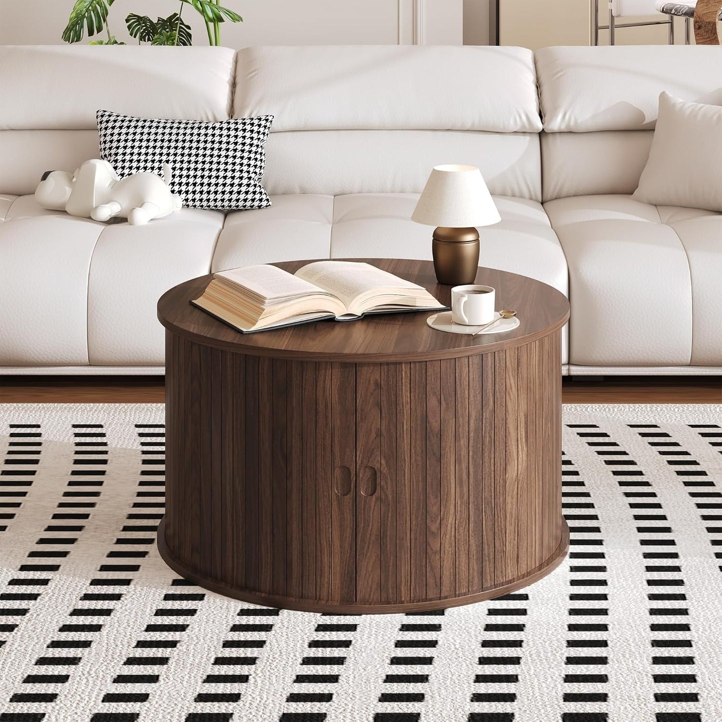28” Round Coffee Table with Storage – Modern Fluted Accent Table with Sliding Tambour Door