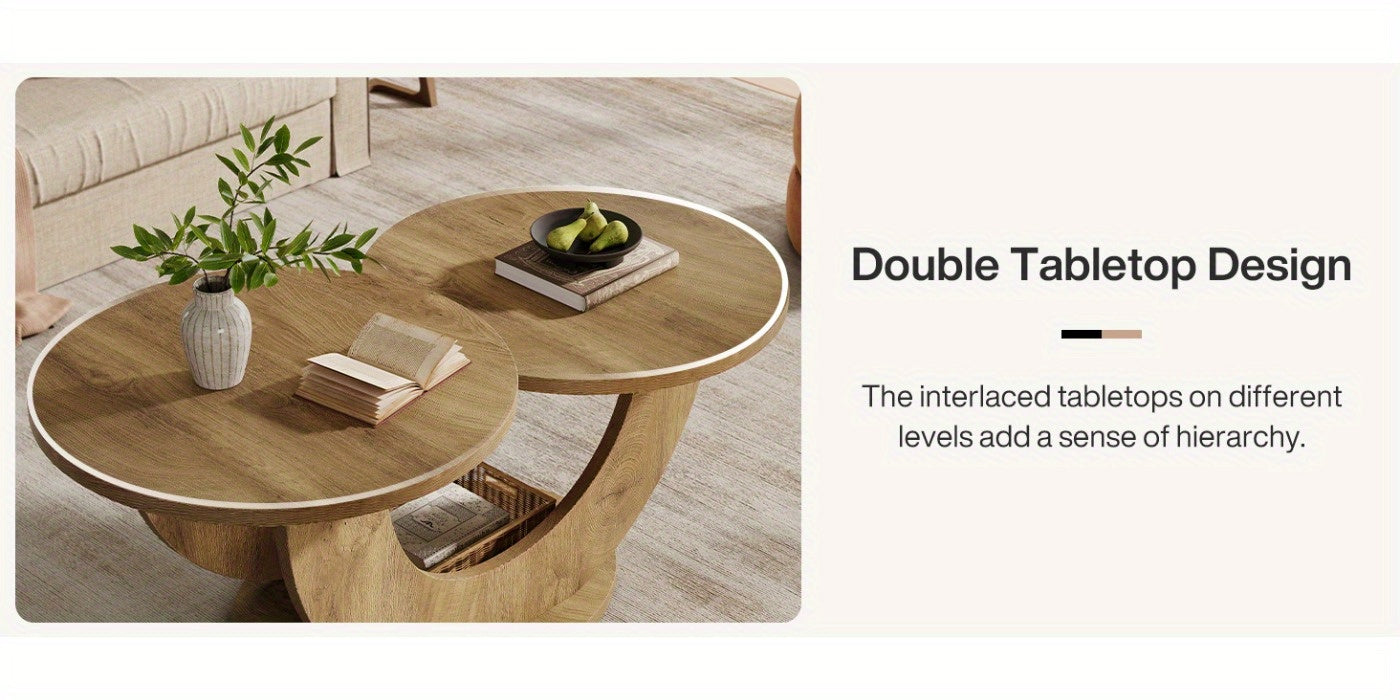 2-Tier Round Farmhouse Coffee Table – Natural Wood Accent Center Table