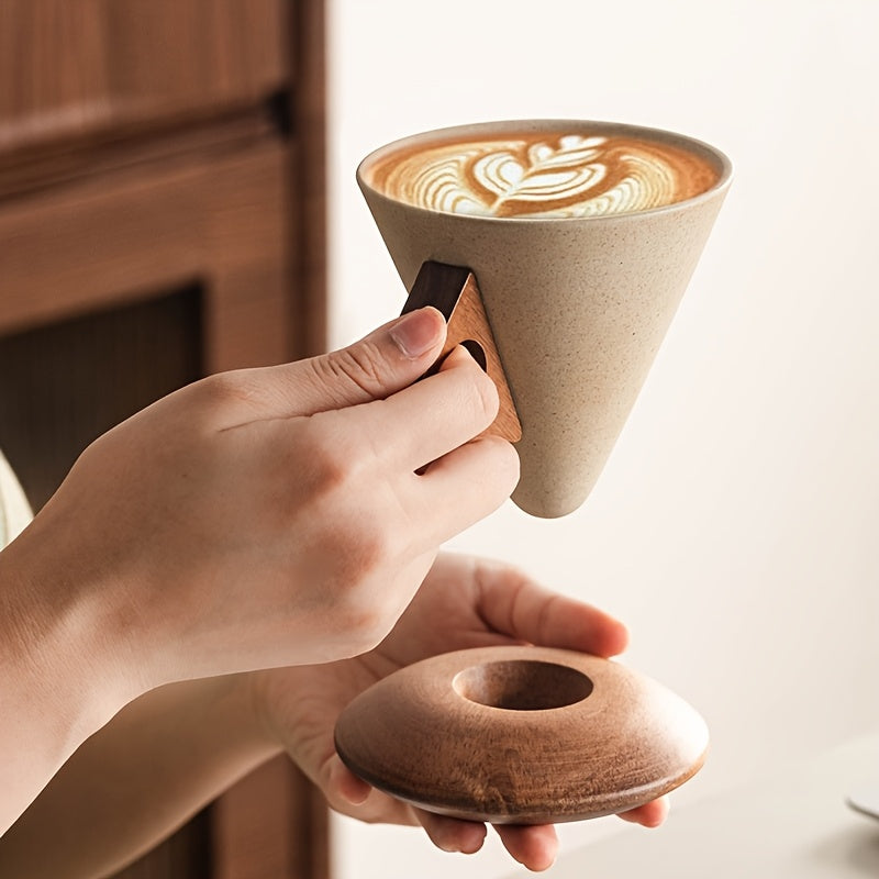 1pc Handmade Heavy-Duty Ceramic Coffee Mug with Large Spout & Funnel Design, Real Wood Handle & Coaster - 8.45oz Thick Cup for home, Office, Cafe Use - Ideal Gift for Coffee & Tea Lovers, Durable Ceramic Ware (Hand Wash Only)