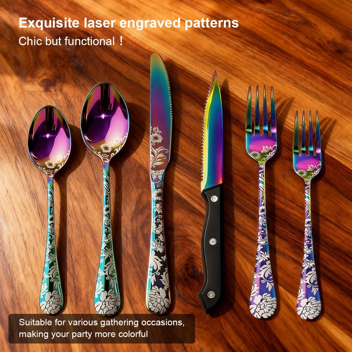 24pcs Stainless Steel Silverware, 4-Person 6pcs Laser-Etched Flatware Set, Flat Cutlery Set, Knife Fork Spoon Chopsticks Set, Suitable for Home, Hotel, Gatherings, Camping, Gifts - Vibrant Colors/Black