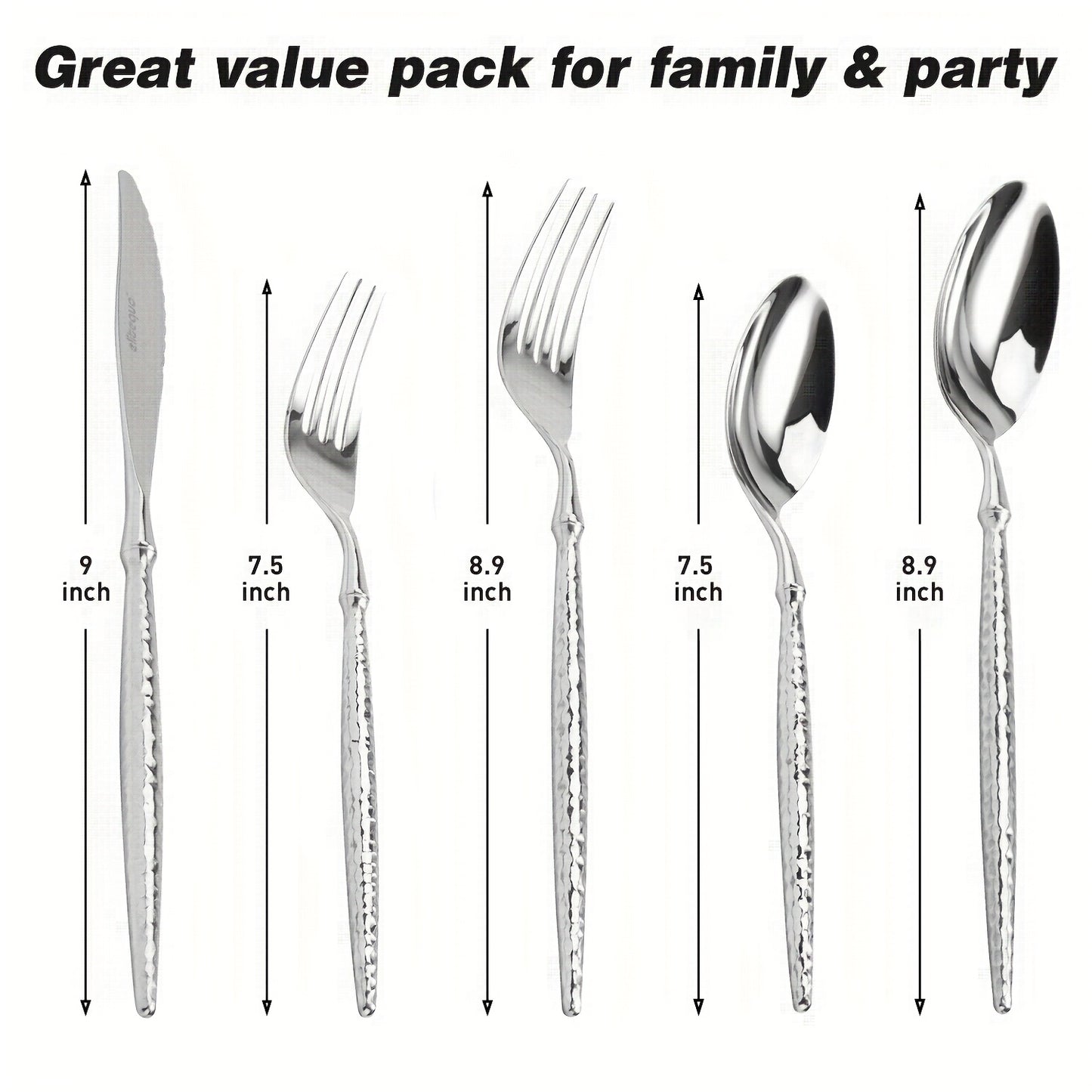 20pcs Silvery Stainless Steel Flatware Set with Hammered Handles, 4/6-Person Service, Includes Knives, Forks And Spoons, Mirror Polished, Dishwasher Safe, Ideal for Family Gatherings