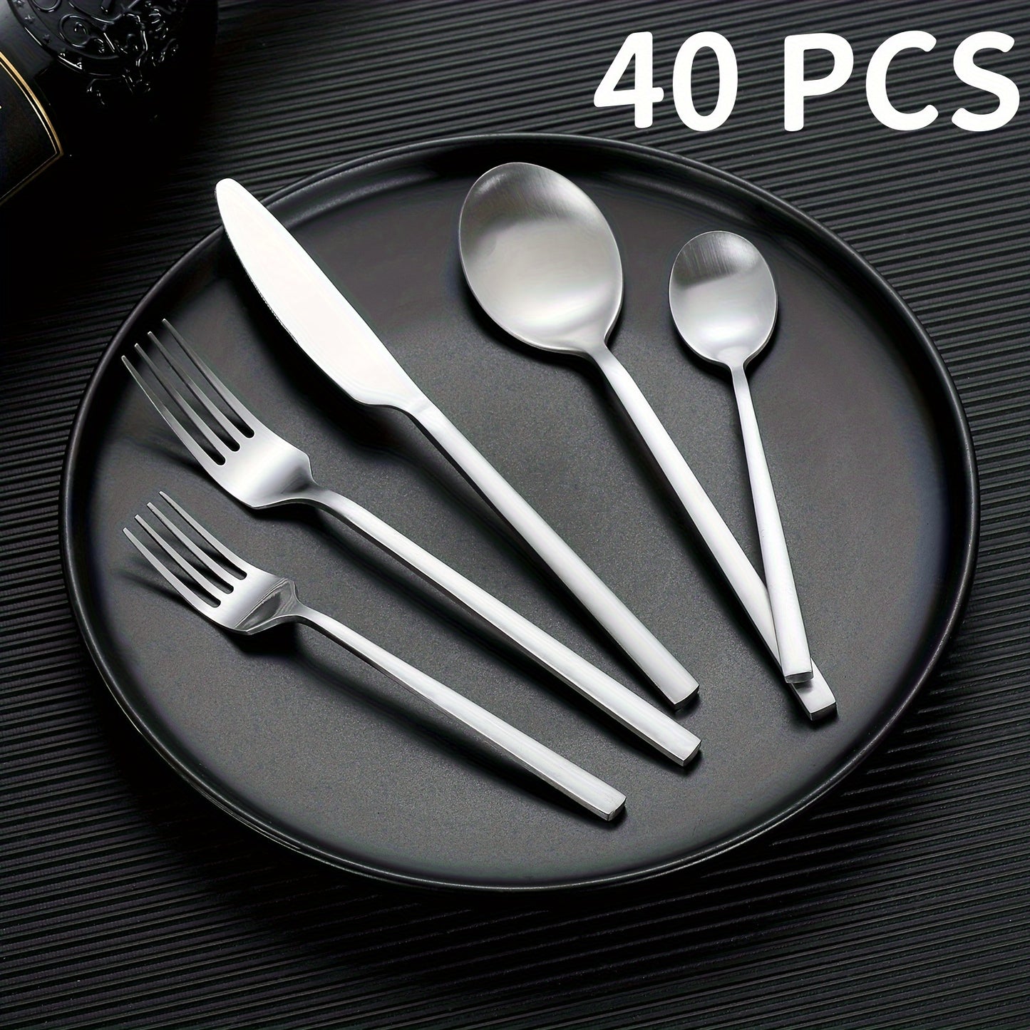 40pcs Matte Silvery Tableware Set Flat Tableware Set Matte Stainless Steel Tableware Set with Rectangular Handle Wedding Gift Family Hotel Daily Restaurant Activity Use Housewarming 8-person Gift Service