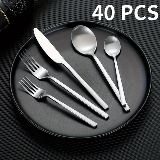 40pcs Matte Silvery Tableware Set Flat Tableware Set Matte Stainless Steel Tableware Set with Rectangular Handle Wedding Gift Family Hotel Daily Restaurant Activity Use Housewarming 8-person Gift Service