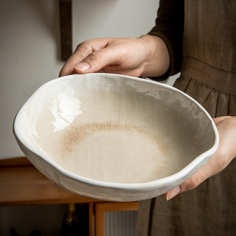 Irregular Wide-Rim Ceramic Bowl (7.5") – Glossy White Serving Dish (1 Piece)