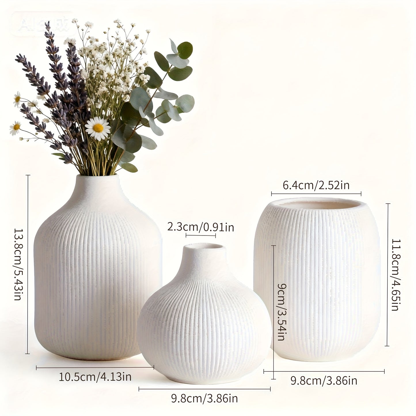 [Ceramic Vase Set] Ceramic Vase Simple European Style White Striped Unglazed Dry Flower Vase Home Decor Craft Ornament Vase Set