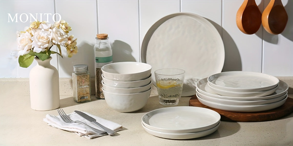 Striped Cream Beige Reactive Glaze Dinnerware Set (12-Piece Ceramic Stoneware)