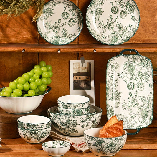 Vintage Green Rose Ceramic Dinnerware Set (6-Piece) – Plates & Bowls