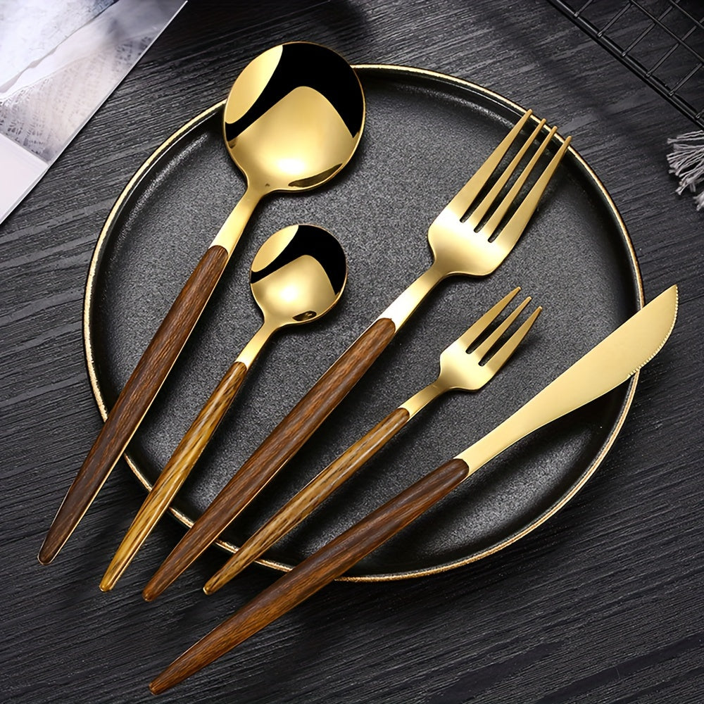 40pcs Cutlery Collection for Eight, Stainless Steel Flatware with Golden Mirror End, ABS Handles with Wooden Appearance, Kitchen Utensil Set Suitable for Home, Hotel, And Restaurant, Family Cutlery Set Featuring Knives, Forks