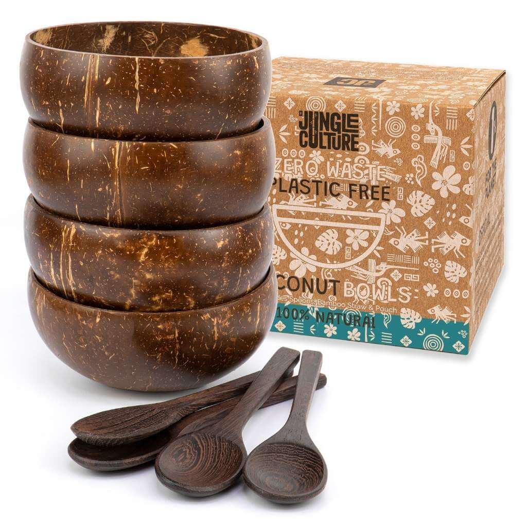 Eco-Friendly Coconut Bowls & Spoons Set - Reclaimed Coconuts, Plastic-Free, 4-Piece.