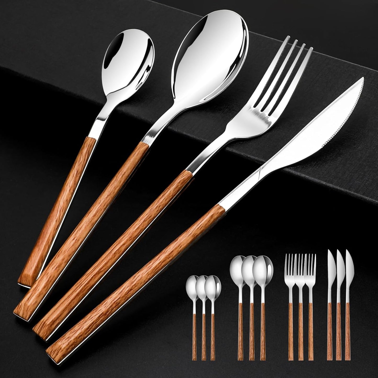 Stainless Steel Flatware Set for 4, Mirror Polished and Dishwasher Safe, Cutlery Utensils Set with Simulated Wooden Handle Include Knives Forks Spoons Service for 4(Silvery), Cutlery Sets for Dining