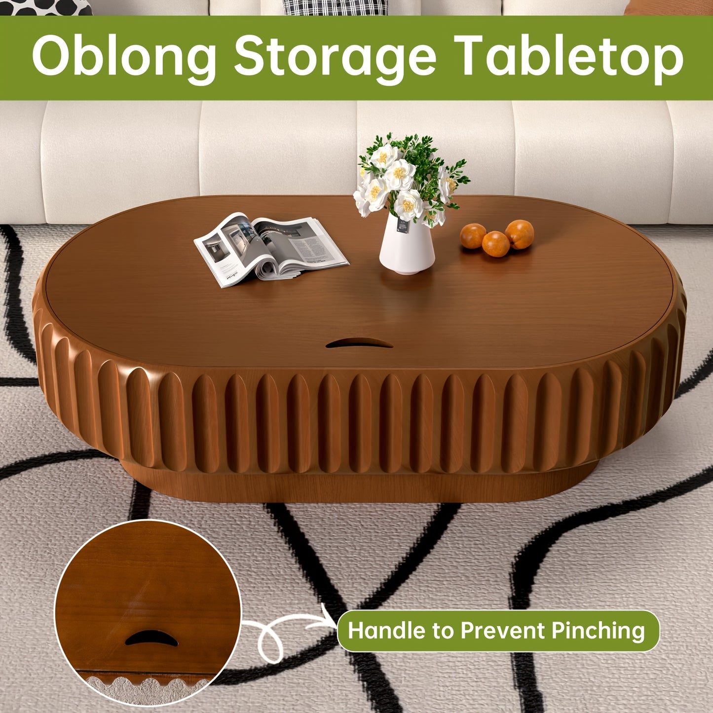 43” Oval Fluted Coffee Table with Storage – Modern Low Drum Center Table