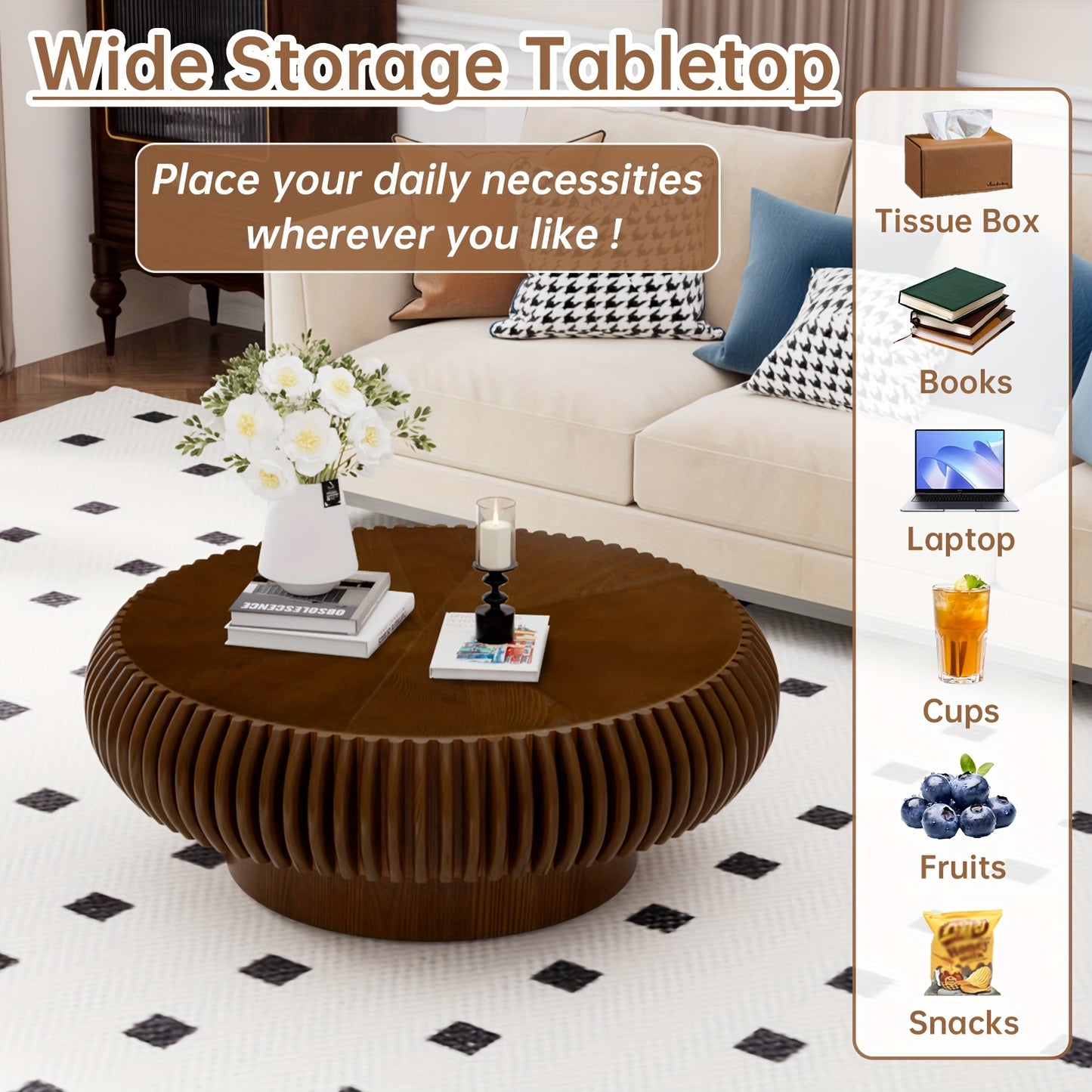 Brown Fluted Drum Coffee Table – Round Pedestal Center Table