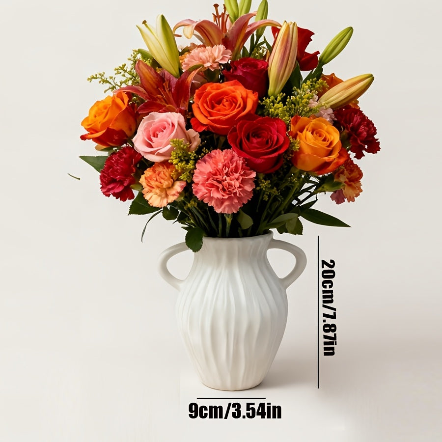 Bohemian Woven-Style Plastic Vase Suitable for Home Decor - Minimalist Striped White Round Cylindrical Vase with Woven Texture, Modern Centerpiece for Wedding Table, Housewarming Gift, Office Desk Arrangement, Plastic Flower