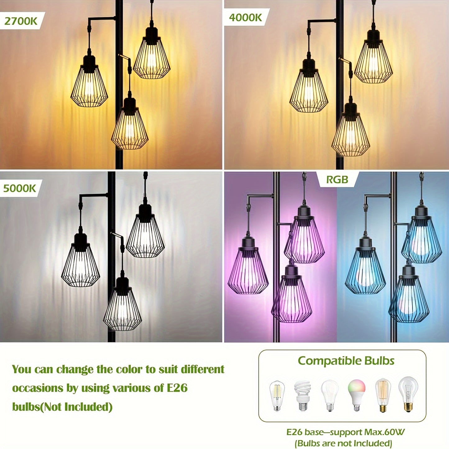 Industrial Floor Lamps For Living Room, Farmhouse Standing Lamp With 3 Hanging Teardrop Cage Shades, 68" Modern Rustic Tree Tall Lamps With Pedal Switch For Bedroom Office Home Light Decor, Black