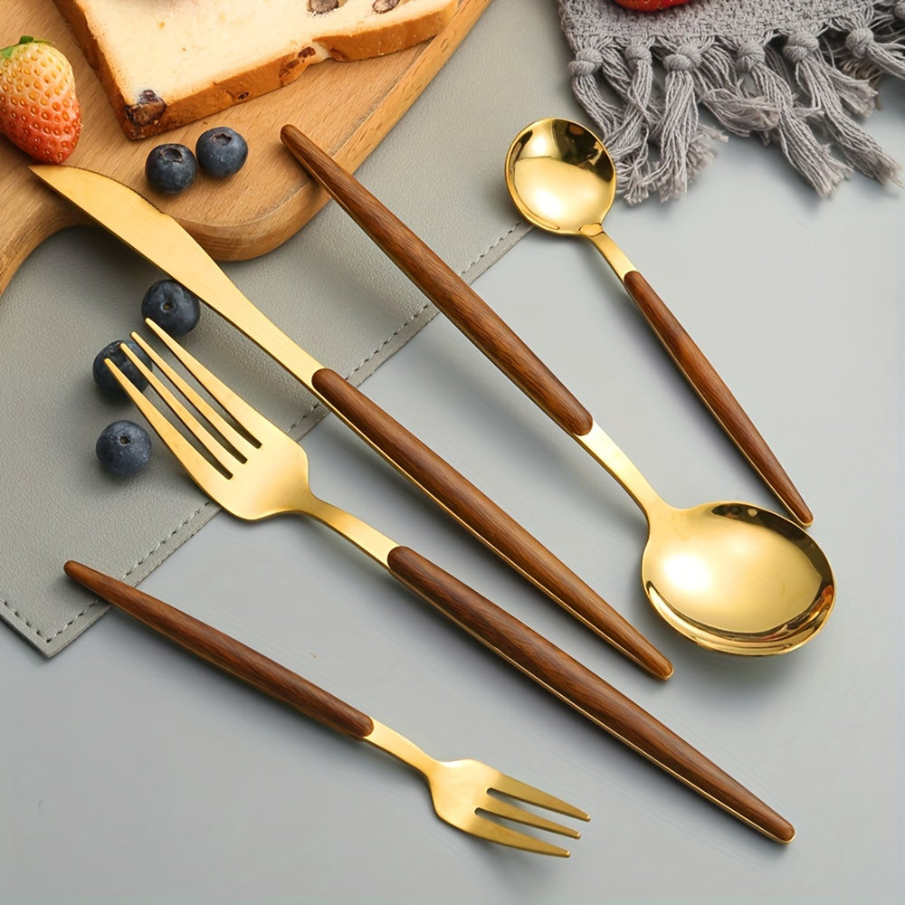 40pcs Cutlery Collection for Eight, Stainless Steel Flatware with Golden Mirror End, ABS Handles with Wooden Appearance, Kitchen Utensil Set Suitable for Home, Hotel, And Restaurant, Family Cutlery Set Featuring Knives, Forks