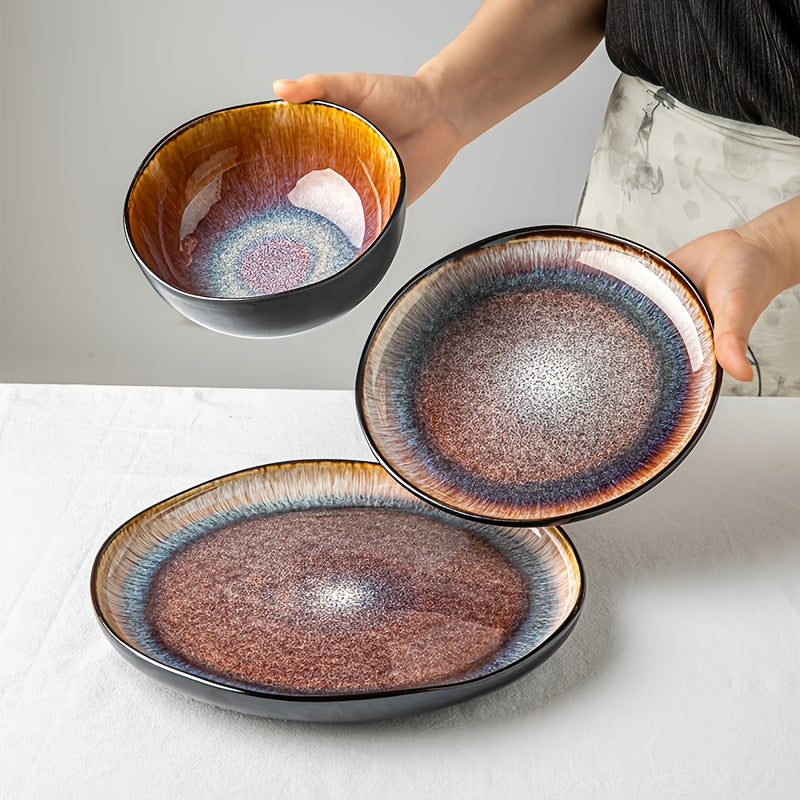 Brown Flame Glaze Ceramic Dinnerware Set (12-Piece) – Modern Plates & Bowls for 4