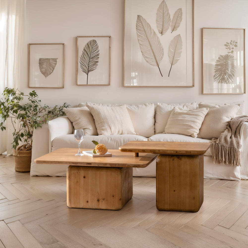 Vintage Wood-Grain Coffee Table Set of 2 – Natural Nesting Tables for Living Room