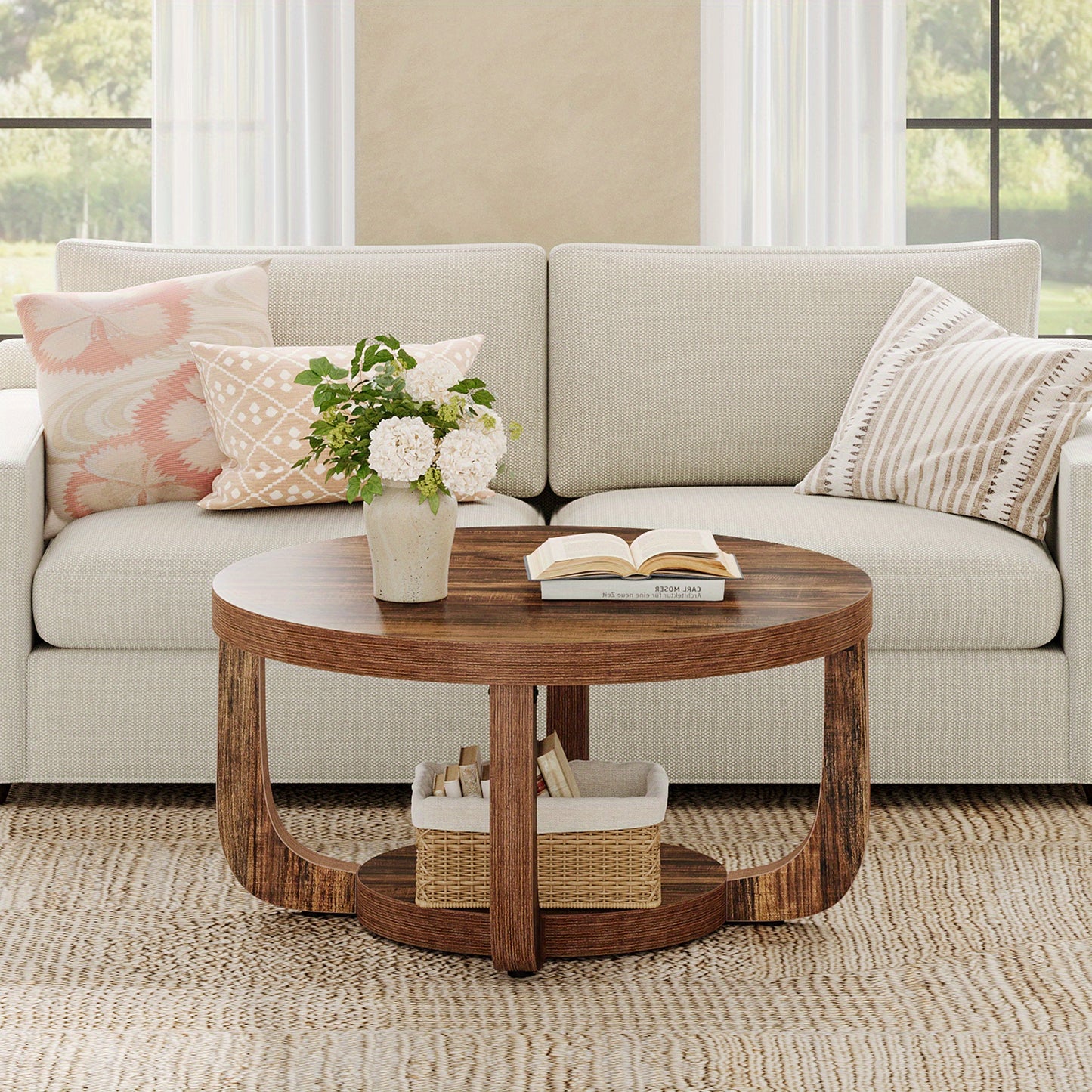 Modern Round Coffee Table with 2-Tier Storage – Rustic Brown Center Table