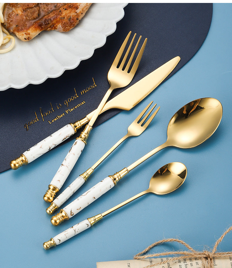 Stylish Stainless Steel Cutlery with a Marble Design, Featuring Vintage Ceramic Handles, Perfect for Upscale Western Meals, Desserts, And Tea Service
