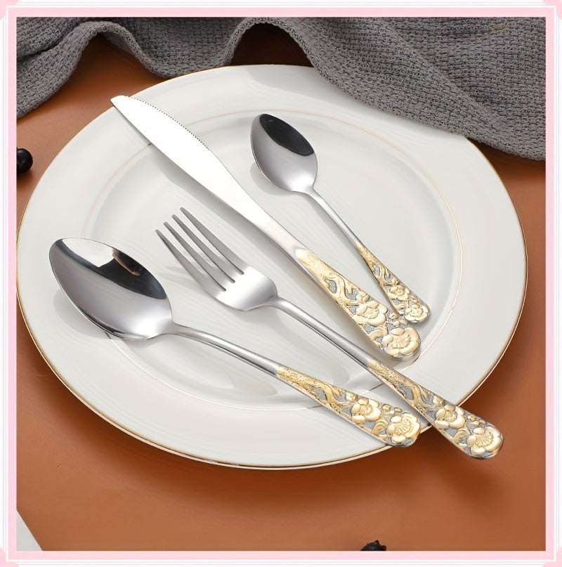 24pcs Stainless Steel Cutlery Set with Patterned Handles in a Gift Box