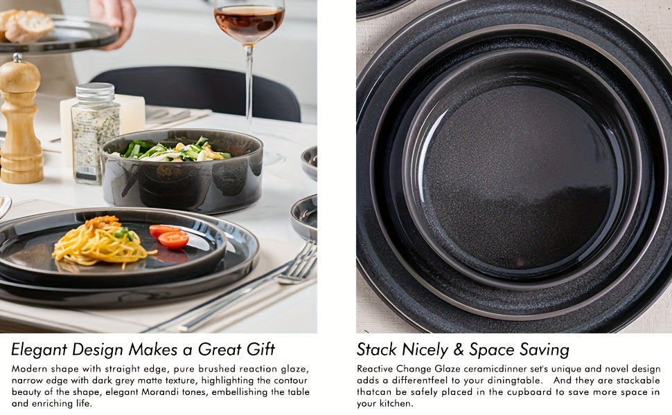 Striped Cream Beige Reactive Glaze Dinnerware Set (12-Piece Ceramic Stoneware)