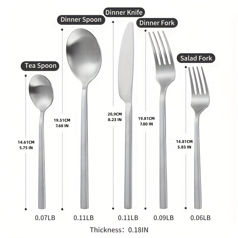 40pcs Matte Silvery Tableware Set Flat Tableware Set Matte Stainless Steel Tableware Set with Rectangular Handle Wedding Gift Family Hotel Daily Restaurant Activity Use Housewarming 8-person Gift Service