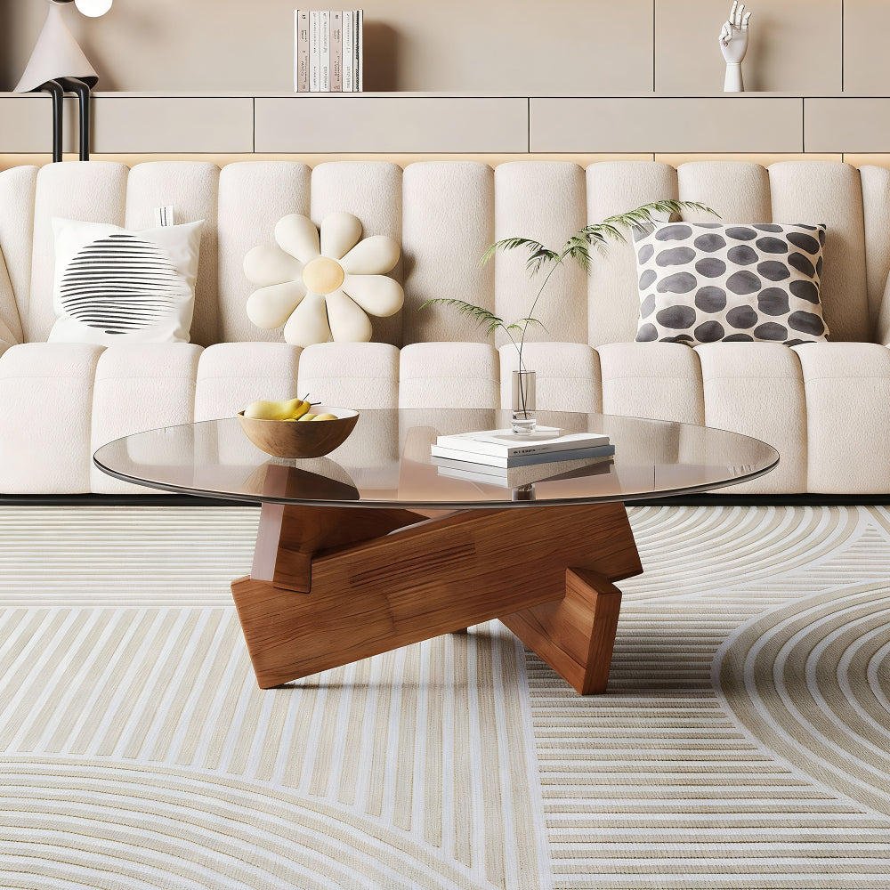 Round Coffee Table with Tempered Glass Top – Walnut Frame Modern Center Table
