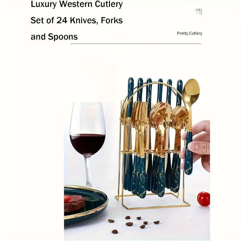 [Ideal Gift] 24pcs Stainless Steel Flatware Set with Steak Knife Holder - Elegant Modern Nordic Dark Green - Heavy Duty 304 Stainless Steel, Durable and Smooth Surface, Ideal Gift Box for Home and Hotel Dining - Complete Cutl