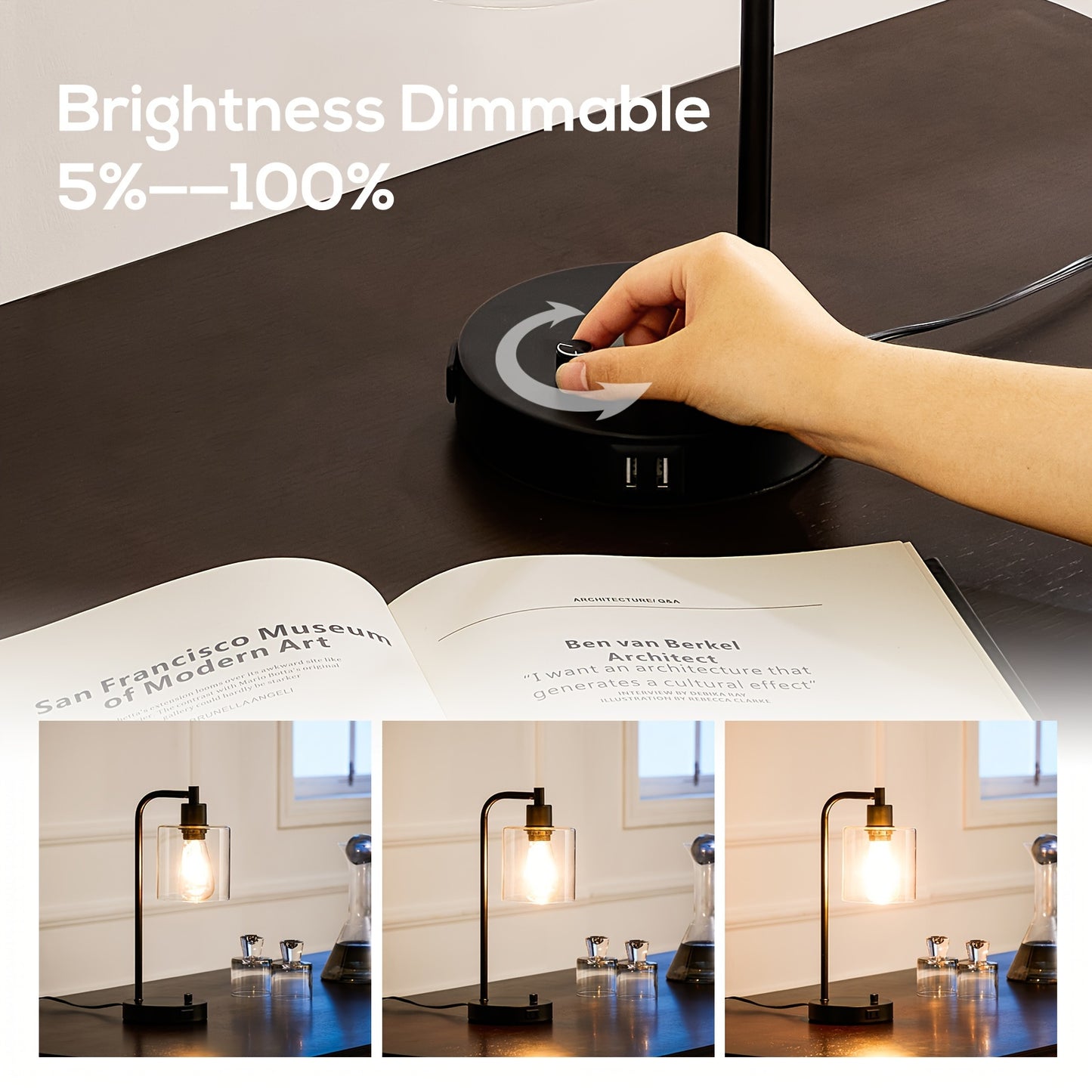 Set of 2 Industrial Table Lamps with 2 USB Port, Fully Stepless Dimmable Lamps for bedrooms, Bedside Nightstand Desk Lamps with Seeded Glass Shade for Reading Living Room Office 2 LED Bulb Included