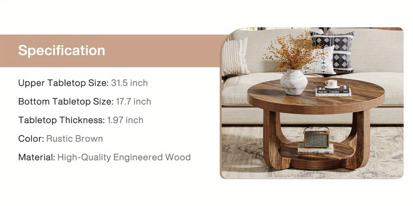 Modern Round Coffee Table with 2-Tier Storage – Rustic Brown Center Table