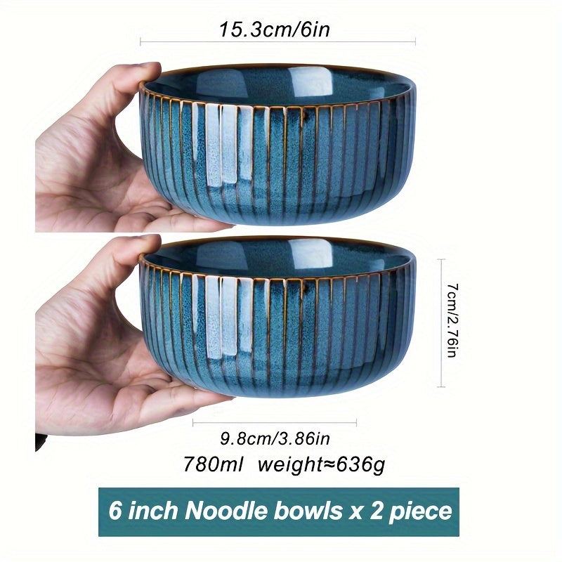 Blue Ceramic Pasta Bowl Set (2-Piece, 26oz, 6") – Microwave & Dishwasher Safe